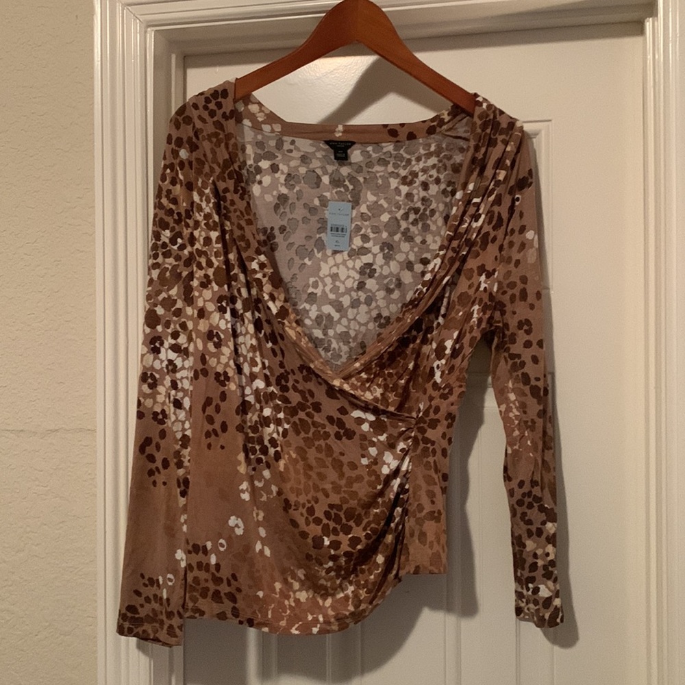 NWT Ann Taylor Petite Draped Faux Wrap Top XL Animal Print Brown Long Sleeve